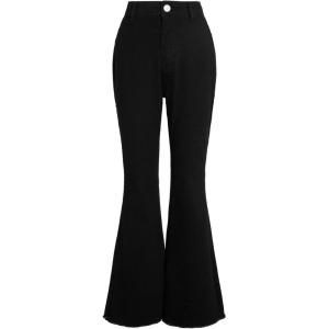 imageMilumia Girls Raw Hem Flare Jeans Long Bell Bottom Wide Leg Denim Pants with PocketsBlack