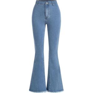 imageMilumia Girls Raw Hem Flare Jeans Long Bell Bottom Wide Leg Denim Pants with PocketsBlue