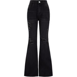 imageMilumia Girls Ripped Flare Bell Bottom Jeans High Waist Denim Pants with PocketsBlack Solid