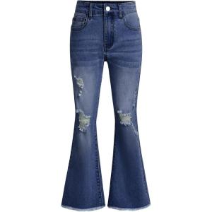 imageMilumia Girls Ripped Flare Bell Bottom Jeans High Waist Denim Pants with PocketsDeep Blue