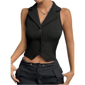 imageMilumia Women Button Front V Neck Collared Work Blazer Sleeveless Fitted Crop VestBlack