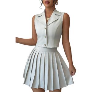 imageMilumia Womens 2 Piece Outfit Lapel Neck Button Down Blazer Vest and Pleated Skirt SetLight Grey