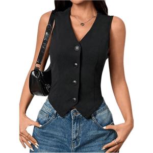 imageMilumia Womens Button Front Blazer Vest Sleeveless V Neck Asymmetrical Hem Tank TopsBlack