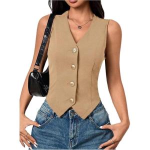 imageMilumia Womens Button Front Blazer Vest Sleeveless V Neck Asymmetrical Hem Tank TopsKhaki