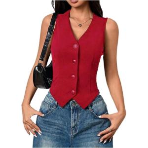 imageMilumia Womens Button Front Blazer Vest Sleeveless V Neck Asymmetrical Hem Tank TopsRed
