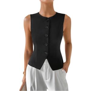 imageMilumia Womens Button Front Crew Neck Casual Business Sleeveless Blazer VestBlack