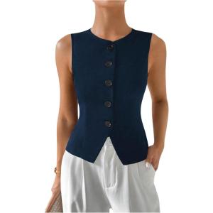 imageMilumia Womens Button Front Crew Neck Casual Business Sleeveless Blazer VestDark Blue
