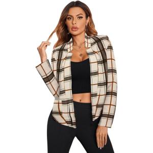 imageMilumia Womens Elegant Plaid Open Front Notched Neck Blazer Work Outerwear JacketBeige
