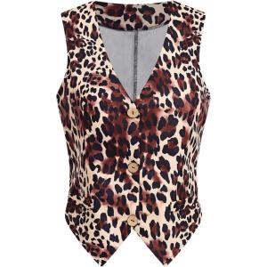imageMilumia Womens Leopard Print Blazer Vest V Neck Sleeveless Button Down JacketMulti Brown
