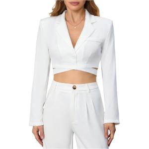imageMilumia Womens Long Sleeve Lapel Neck Tie Back Crop Wrap Blazer Crisscross Button Down Shoulder Pad Cropped JacketWhite