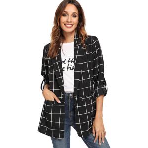imageMilumia Womens Open Front Blazer Casual Lightweight Plaid Roll Up Sleeve Jacket ShirtBlack