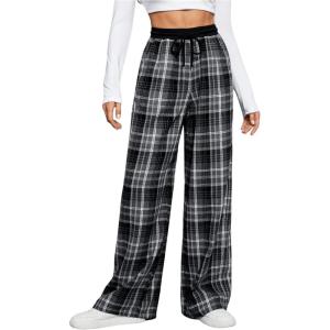 imageMilumia Womens Plaid Wide Leg Pants Drawstring High Waist Soft Knit Pants with PocketBlack