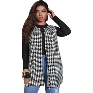 imageMilumia Womens Plus Size Houndstooth Vest Blazers Open Front CardiganBlack and White