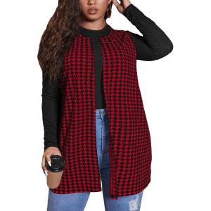 imageMilumia Womens Plus Size Houndstooth Vest Blazers Open Front CardiganRed and Black