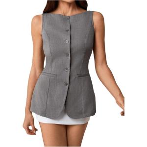 imageMilumia Womens Sleeveless Boat Neck Button Down Vest Summer Dressy Tank Top Office Business BlazerGrey