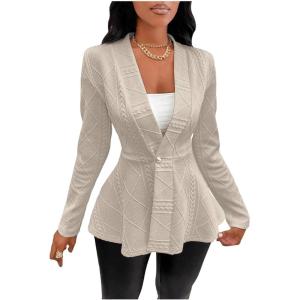 imageMilumia Womens Textured Ruffle Hem Blazer Single Button Shawl Collar Long Sleeve JacketKhaki