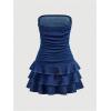 imageMilumia Girls Ruched Denim Tube Dress Bow Knot Tiered Layered Short DressesDark Blue