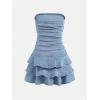 imageMilumia Girls Ruched Denim Tube Dress Bow Knot Tiered Layered Short DressesLight Wash