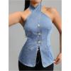 imageMilumia Women Criss Cross Tie Front Denim Vest Button Front Sleeveless Halter TopsBlue