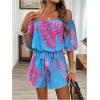 imageMilumia WomenS Off The Shoulder Romper Boho Elastic Waist Jumpsuit Summer Short Set BeachBlue Pink