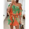 imageMilumia WomenS Off The Shoulder Romper Boho Elastic Waist Jumpsuit Summer Short Set BeachGreen Orange