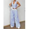 imageMilumia Womens 2 Pcs Outfits Striped V Neck Button Blazer Vest Pants TracksuitLight Blue