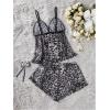 imageMilumia Womens 2 Piece Leopard Print Pajama Set Lace Mesh Cami Top Shorts PajamasBlack and White