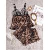 imageMilumia Womens 2 Piece Leopard Print Pajama Set Lace Mesh Cami Top Shorts PajamasBrown