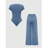 imageMilumia Womens 2 Piece Outfit Ribbed Square Neck Bodysuits Top and Pants Set Dusty Blue XLarge