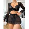 imageMilumia Womens 3 Piece Lingerie Set Sheer Long Sleeve Lace Bra Top V String Thong with SkirtBlack