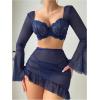 imageMilumia Womens 3 Piece Lingerie Set Sheer Long Sleeve Lace Bra Top V String Thong with SkirtDark Blue