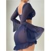 imageMilumia Womens 3 Piece Lingerie Set Sheer Long Sleeve Lace Bra Top V String Thong with SkirtDark Blue