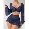 imageMilumia Womens 3 Piece Lingerie Set Sheer Long Sleeve Lace Bra Top V String Thong with SkirtDark Blue