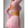 imageMilumia Womens 3 Piece Lingerie Set Sheer Long Sleeve Lace Bra Top V String Thong with SkirtLight Pink