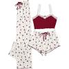imageMilumia Womens 3 Piece Pajama Sets Floral Lace Cami Top and Shorts ampamp Pants Pj Sets LoungewearRed