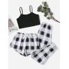 imageMilumia Womens 3 Pieces Pajamas Cami Top and Plaid Shorts Pants Pj Sets SleepwearBlack and White