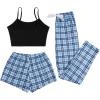 imageMilumia Womens 3 Pieces Pajamas Cami Top and Plaid Shorts Pants Pj Sets SleepwearBlue and Black