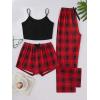 imageMilumia Womens 3 Pieces Pajamas Cami Top and Plaid Shorts Pants Pj Sets SleepwearRed