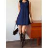 imageMilumia Womens Bow Tie Back Denim Sundress Crew Neck Sleeveless Flared Short DressesDark Wash