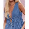 imageMilumia Womens Bow Tie Plunge V Neck Sleeveless Straight Denim Short DressesBlue