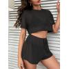 imageMilumia Womens Drop Sleeve 2 Piece Mesh Outfit Crop Top and Shorts Lounge SetBlack