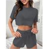 imageMilumia Womens Drop Sleeve 2 Piece Mesh Outfit Crop Top and Shorts Lounge SetDark Grey