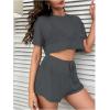 imageMilumia Womens Drop Sleeve 2 Piece Mesh Outfit Crop Top and Shorts Lounge SetDark Grey