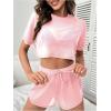 imageMilumia Womens Drop Sleeve 2 Piece Mesh Outfit Crop Top and Shorts Lounge SetPink