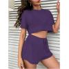 imageMilumia Womens Drop Sleeve 2 Piece Mesh Outfit Crop Top and Shorts Lounge SetPurple