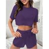 imageMilumia Womens Drop Sleeve 2 Piece Mesh Outfit Crop Top and Shorts Lounge SetPurple