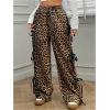 imageMilumia Womens Leopard Print Bow Tie Side Pants Low Rise Wide Leg SweatpantsBrown