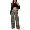 imageMilumia Womens Leopard Print Elastic Waisted Wide Leg Long Pants TrousersBrown