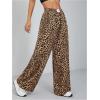 imageMilumia Womens Leopard Print Elastic Waisted Wide Leg Long Pants TrousersDark Brown