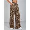 imageMilumia Womens Leopard Print Elastic Waisted Wide Leg Long Pants TrousersDark Brown